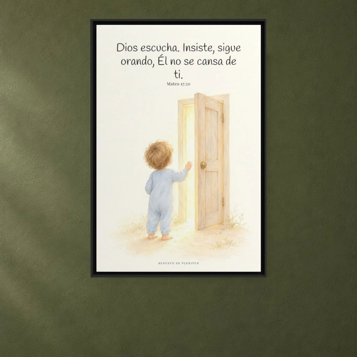 Dios escucha cada oración que le traigo | Cuadro de fe enmarcado | Mateo 17:20 — 24×36 pulgadas, marco negro, vista frontal ambiental, escala física calibrada