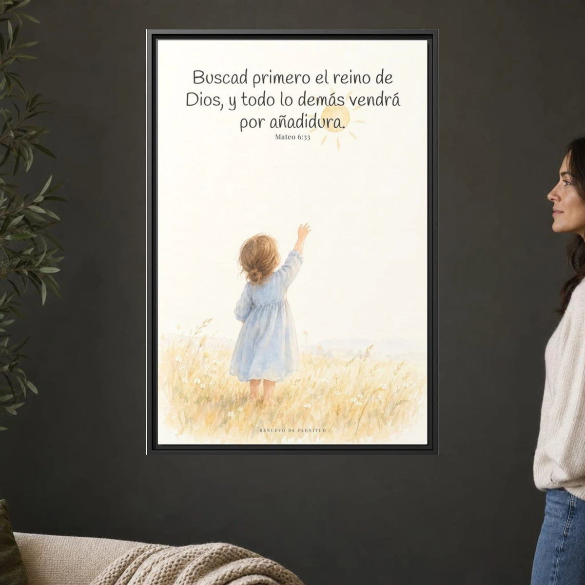 Buscad primero el reino de Dios — Lienzo Cristiano Enmarcado | Mateo 6:33 — 24×36 pulgadas, marco negro, vista frontal ambiental, escala física calibrada