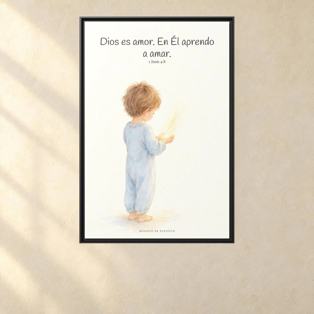 Quien no ama no conoce a Dios, porque Dios es amor — Lienzo Cristiano Enmarcado | 1 Juan 4:8 — 24×36 pulgadas, marco negro, vista frontal ambiental, escala física calibrada