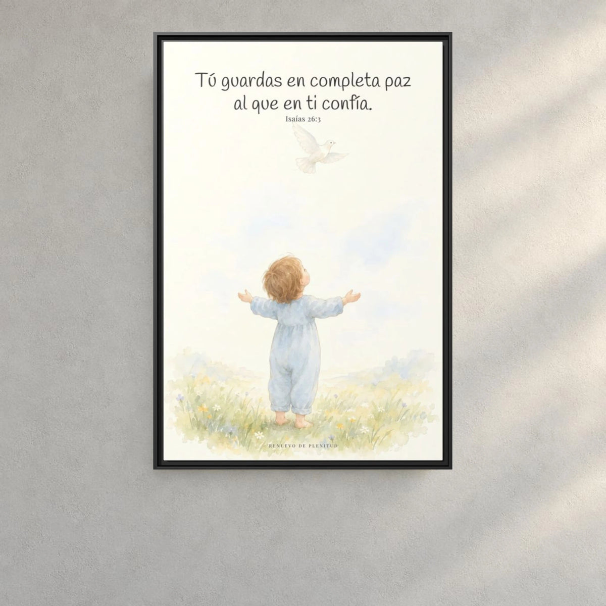 Tú guardas en paz al que confía en ti — Lienzo Cristiano Enmarcado | Isaías 26:3 — 24×36 pulgadas, marco negro, vista frontal ambiental, escala física calibrada