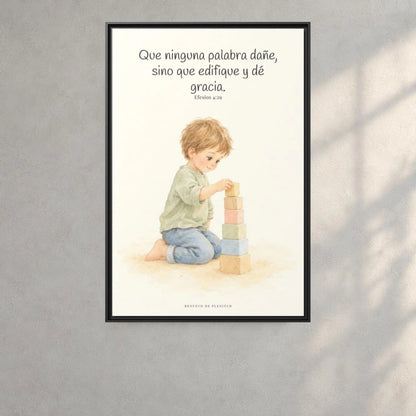 Que mis labios edifiquen — Lienzo Cristiano Enmarcado | Efesios 4:29 — 24×36 pulgadas, marco negro, vista frontal ambiental, escala física calibrada