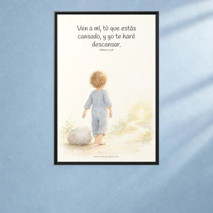 Ven a mí y yo te haré descansar — Lienzo Cristiano Enmarcado | Mateo 11:28 — 24×36 pulgadas, marco negro, vista frontal ambiental, escala física calibrada