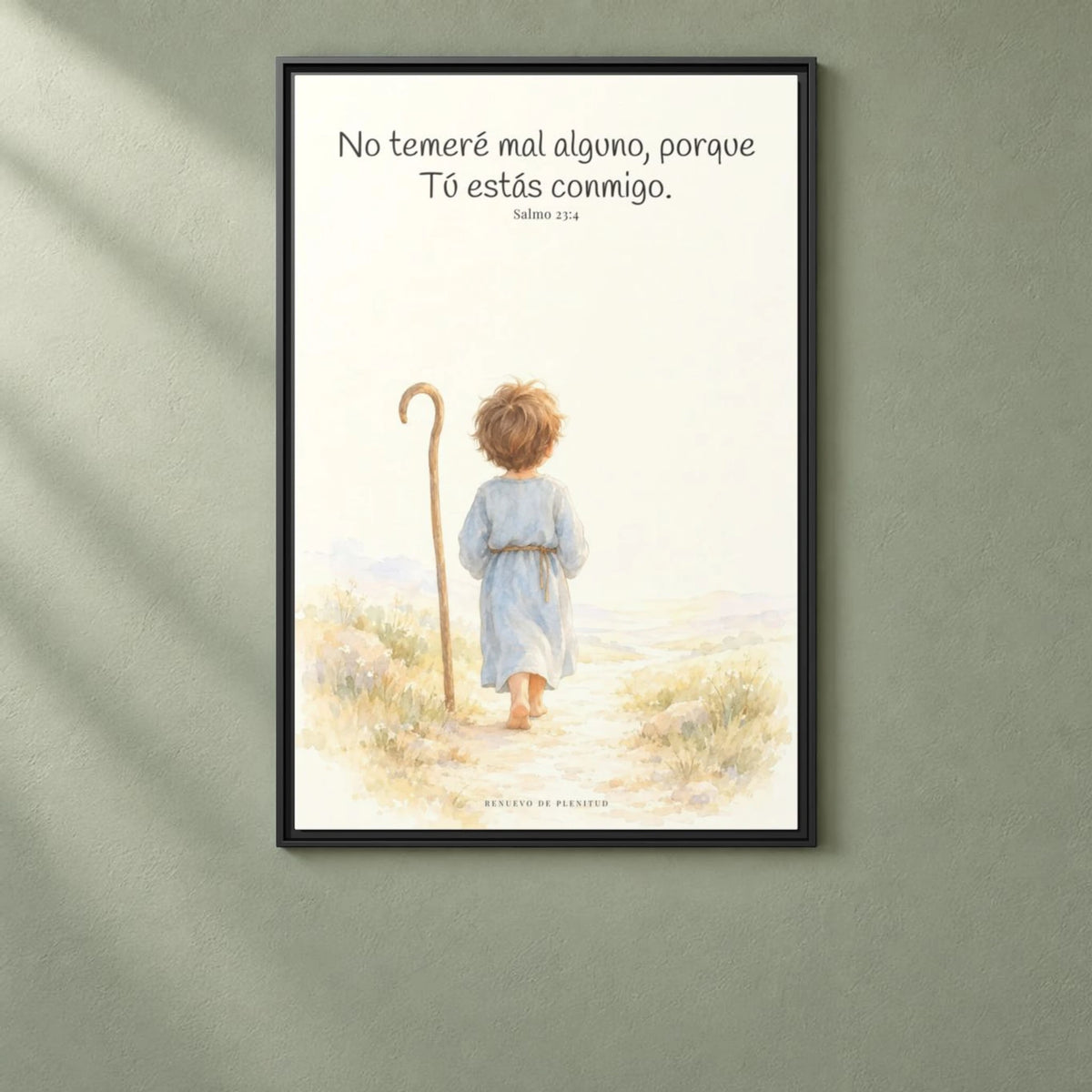 Aunque ande en valle de sombra, Tú estás conmigo — Lienzo Cristiano Enmarcado | Salmo 23:4 — 24×36 pulgadas, marco negro, vista frontal ambiental, escala física calibrada