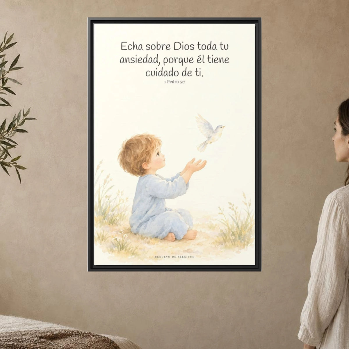 Echa Toda Tu Ansiedad Sobre Dios — Lienzo Cristiano Enmarcado | 1 Pedro 5:7 — 24×36 pulgadas, marco negro, vista frontal ambiental, escala física calibrada