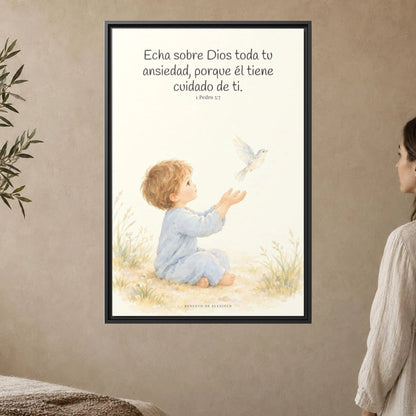 Echa Toda Tu Ansiedad Sobre Dios — Lienzo Cristiano Enmarcado | 1 Pedro 5:7 — 24×36 pulgadas, marco negro, vista frontal ambiental, escala física calibrada