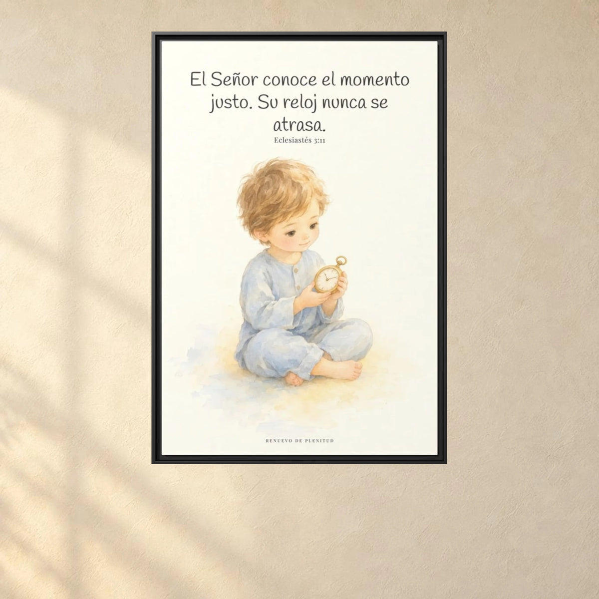 El Señor conoce el momento justo — Lienzo Cristiano Enmarcado | Eclesiastés 3:11 — 24×36 pulgadas, marco negro, vista frontal ambiental, escala física calibrada