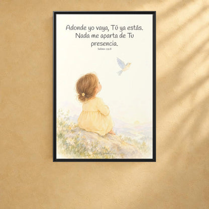 Si subo a los cielos, allí estás Tú — Lienzo Cristiano Enmarcado | Salmo 139:8 — 24×36 pulgadas, marco negro, vista frontal ambiental, escala física calibrada