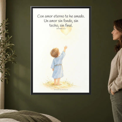 Con amor eterno te he amado — Lienzo Cristiano Enmarcado | Jeremías 31:3 — 24×36 pulgadas, marco negro, vista frontal ambiental, escala física calibrada