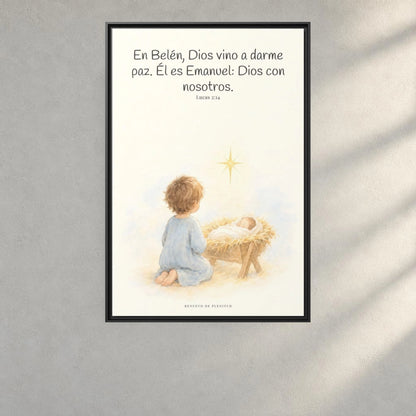 En Belén, Dios vino a darme paz — Lienzo Cristiano Enmarcado | Lucas 2:14 — 24×36 pulgadas, marco negro, vista frontal ambiental, escala física calibrada