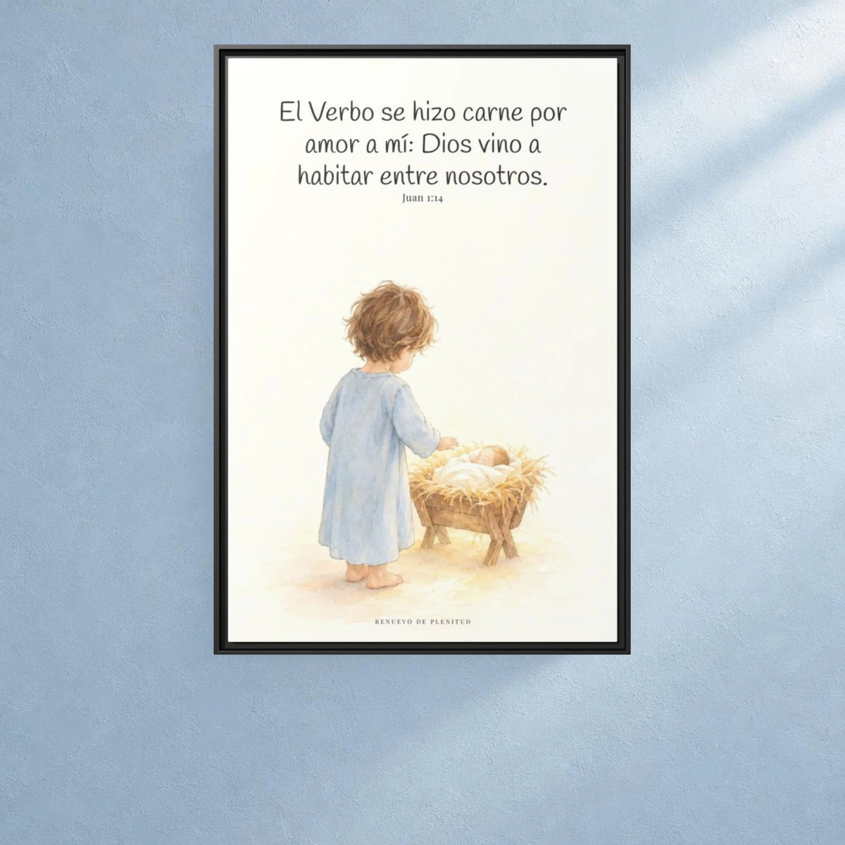 El Verbo se hizo carne por amor a mí — Lienzo Cristiano Enmarcado | Juan 1:14 — 24×36 pulgadas, marco negro, vista frontal ambiental, escala física calibrada