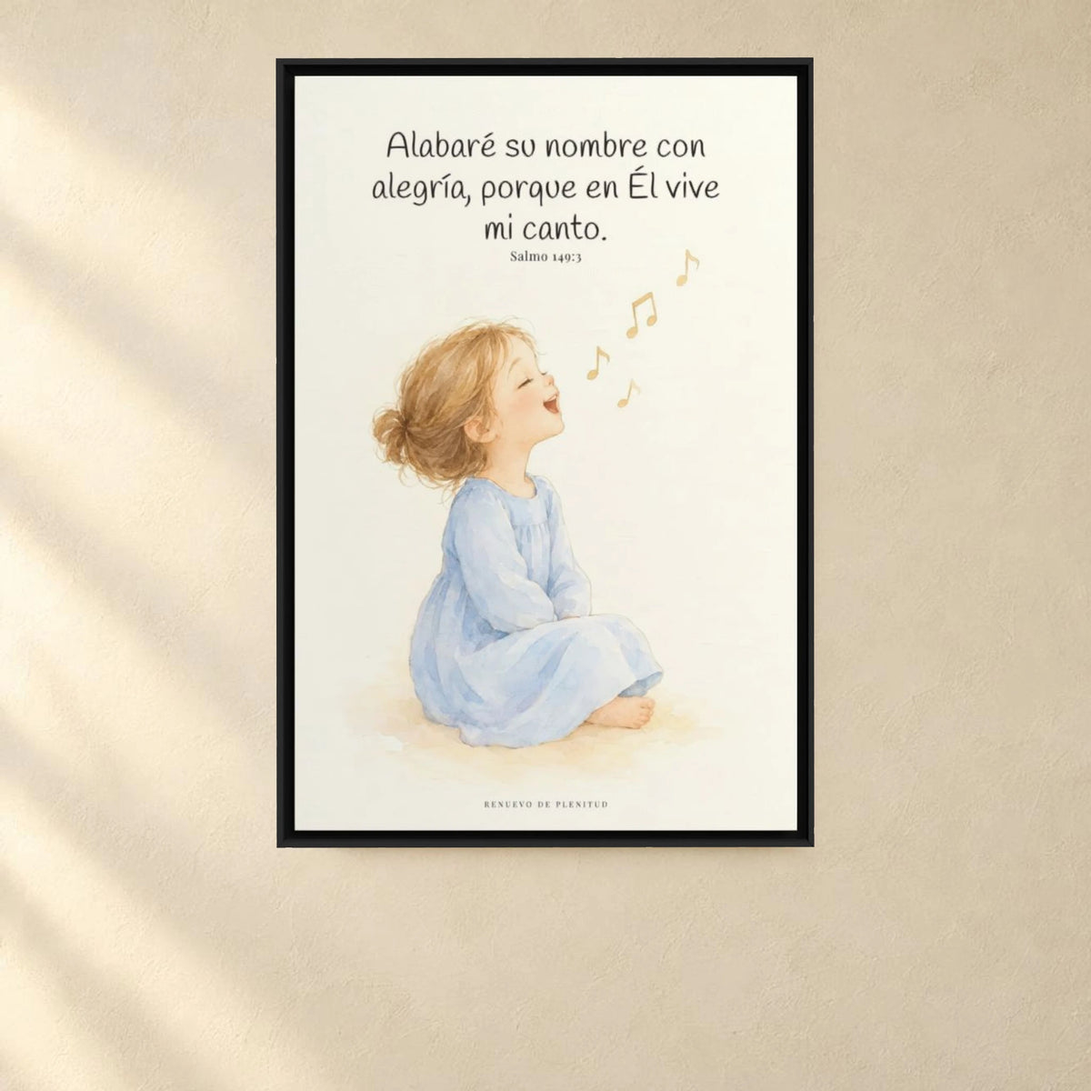 Alabaré su nombre con alegría | Arte cristiano enmarcado | Salmo 149:3 — 24×36 pulgadas, marco negro, vista frontal ambiental, escala física calibrada