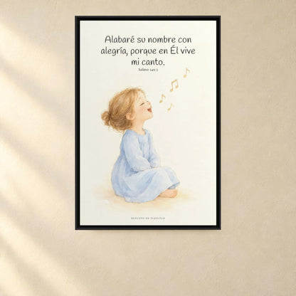 Alabaré su nombre con alegría | Arte cristiano enmarcado | Salmo 149:3 — 24×36 pulgadas, marco negro, vista frontal ambiental, escala física calibrada