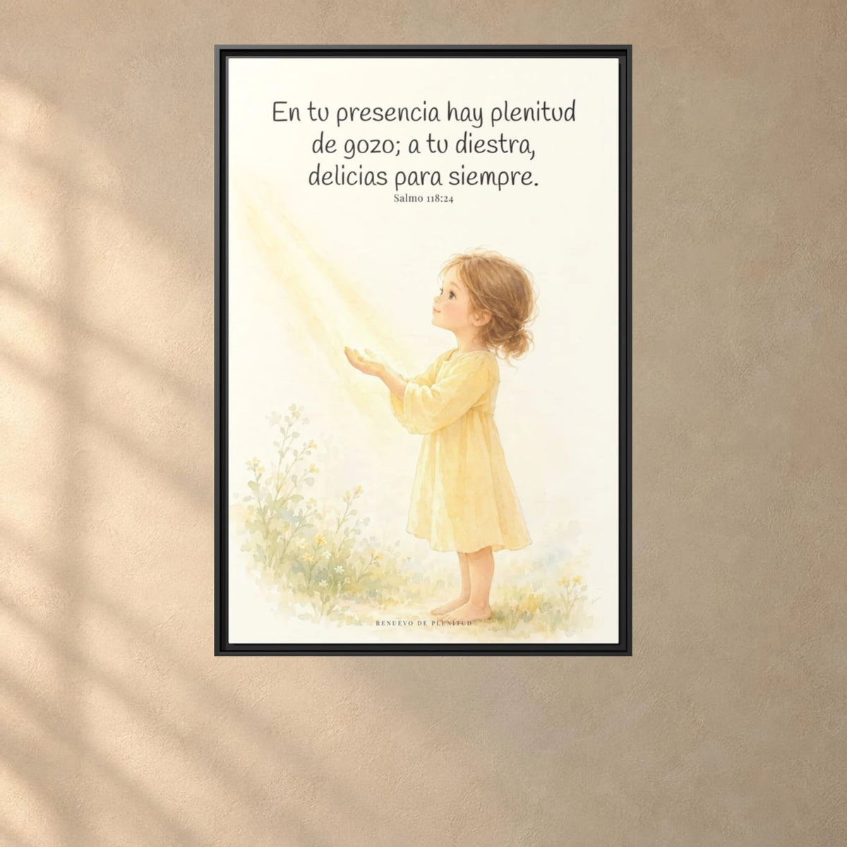 En la presencia de Jehová hay plenitud de gozo — Lienzo Cristiano Enmarcado | Salmo 118:24 — 24×36 pulgadas, marco negro, vista frontal ambiental, escala física calibrada