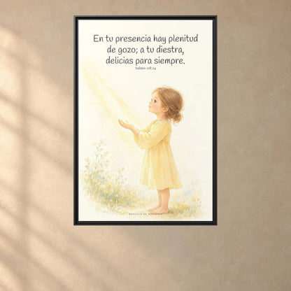 En la presencia de Jehová hay plenitud de gozo — Lienzo Cristiano Enmarcado | Salmo 118:24 — 24×36 pulgadas, marco negro, vista frontal ambiental, escala física calibrada