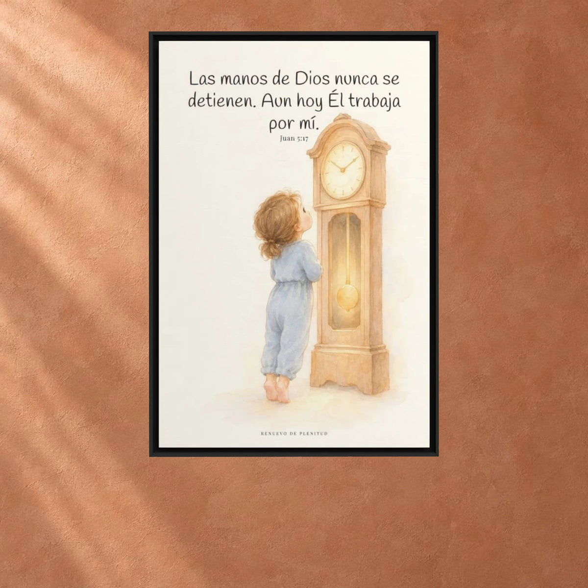 Las manos de Dios no se detienen por mí | Arte bíblico para pared | Juan 5:17 — 24×36 pulgadas, marco negro, vista frontal ambiental, escala física calibrada