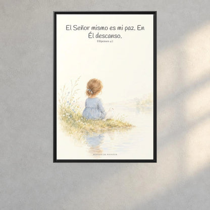El Señor mismo es mi paz — Lienzo Cristiano Enmarcado | Filipenses 4:7 — 24×36 pulgadas, marco negro, vista frontal ambiental, escala física calibrada
