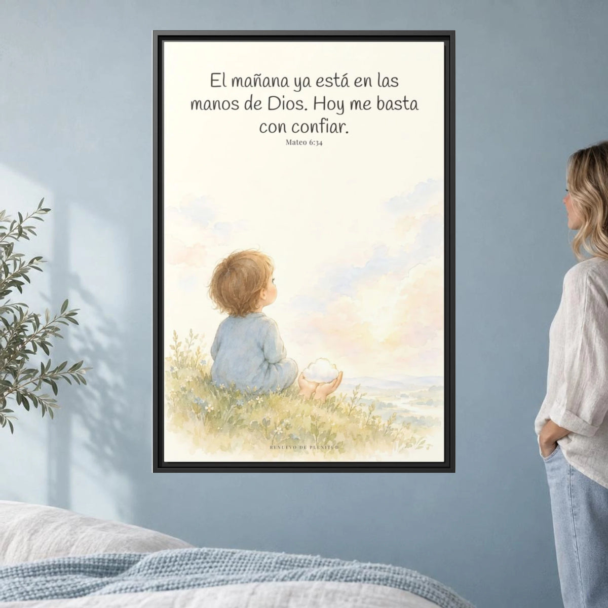 El mañana ya está en las manos de Dios — Lienzo Cristiano Enmarcado | Mateo 6:34 — 24×36 pulgadas, marco negro, vista frontal ambiental, escala física calibrada