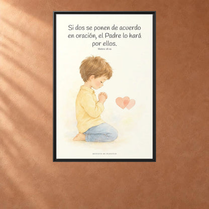 Donde dos se ponen de acuerdo | Cuadro de fe enmarcado | Mateo 18:19 — 24×36 pulgadas, marco negro, vista frontal ambiental, escala física calibrada