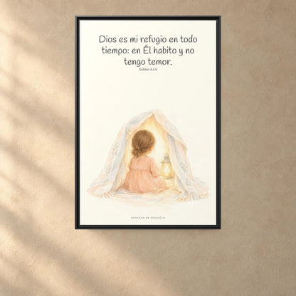 Dios es mi refugio en todo tiempo — Lienzo Cristiano Enmarcado | Salmo 62:6 — 24×36 pulgadas, marco negro, vista frontal ambiental, escala física calibrada