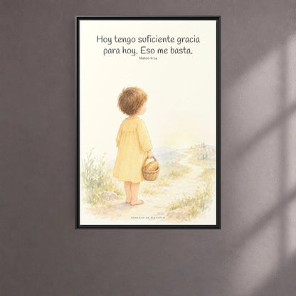 Basta a cada día su propio afán — Lienzo Cristiano Enmarcado | Mateo 6:34 — 24×36 pulgadas, marco negro, vista frontal ambiental, escala física calibrada