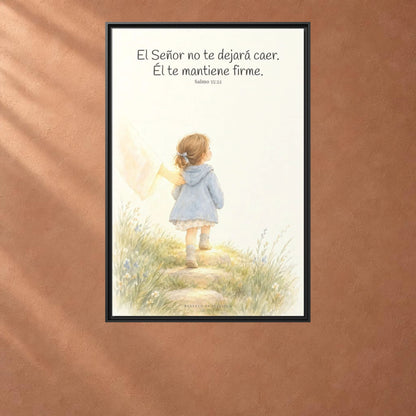 El Señor no te dejará caer — Lienzo Cristiano Enmarcado | Salmo 55:22 — 24×36 pulgadas, marco negro, vista frontal ambiental, escala física calibrada