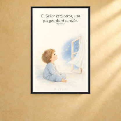 El Señor está cerca de mí | Lienzo bíblico para el hogar | Filipenses 4:7 — 24×36 pulgadas, marco negro, vista frontal ambiental, escala física calibrada