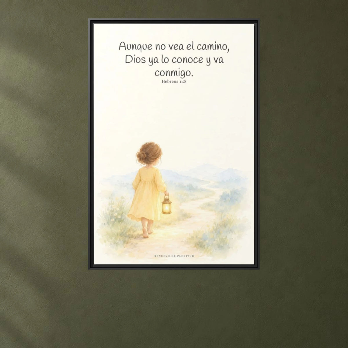 Dios va conmigo aunque no vea el camino — Lienzo Cristiano Enmarcado | Hebreos 11:8 — 24×36 pulgadas, marco negro, vista frontal ambiental, escala física calibrada