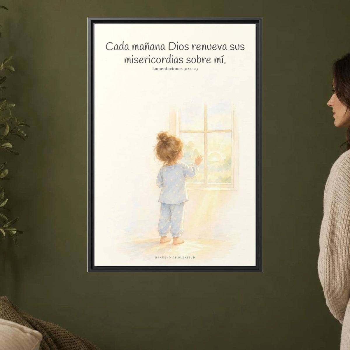 Grandes son sus misericordias cada mañana — Lienzo Cristiano Enmarcado | Lamentaciones 3:22-23 — 24×36 pulgadas, marco negro, vista frontal ambiental, escala física calibrada