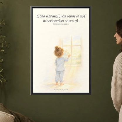 Grandes son sus misericordias cada mañana — Lienzo Cristiano Enmarcado | Lamentaciones 3:22-23 — 24×36 pulgadas, marco negro, vista frontal ambiental, escala física calibrada