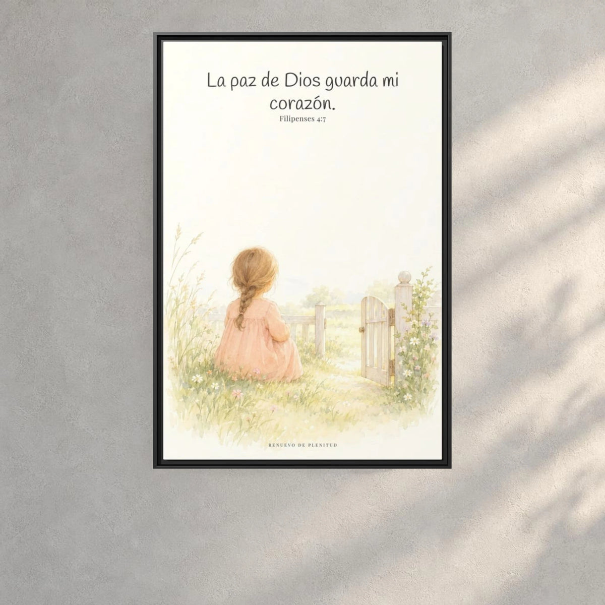La paz de Dios guardará mi corazón — Lienzo Cristiano Enmarcado | Filipenses 4:7 — 24×36 pulgadas, marco negro, vista frontal ambiental, escala física calibrada