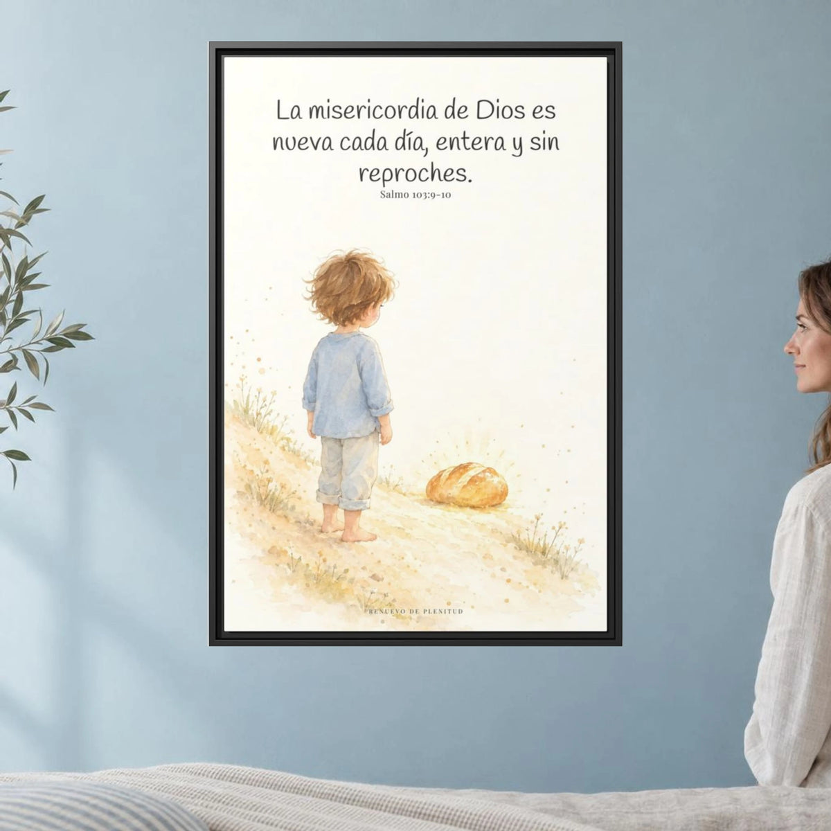 La misericordia de Dios es nueva cada día — Lienzo Cristiano Enmarcado | Salmo 103:9-10 — 24×36 pulgadas, marco negro, vista frontal ambiental, escala física calibrada