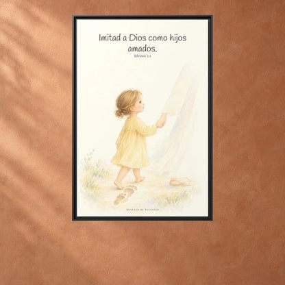 Imitad a Dios como hijos amados — Lienzo Cristiano Enmarcado | Efesios 5:1 — 24×36 pulgadas, marco negro, vista frontal ambiental, escala física calibrada