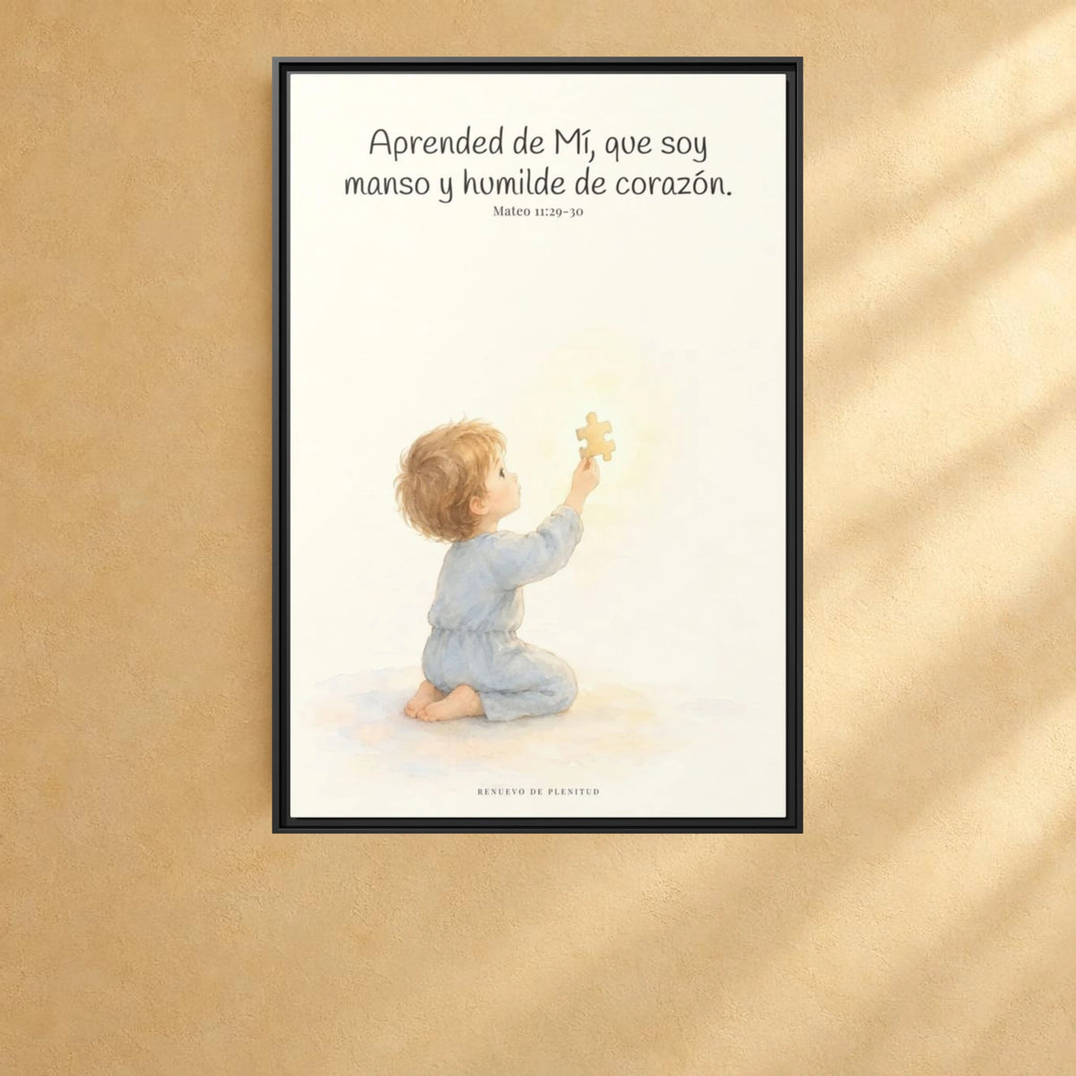 Aprended de Mí, que soy manso y humilde — Lienzo Cristiano Enmarcado | Mateo 11:29-30 — 24×36 pulgadas, marco negro, vista frontal ambiental, escala física calibrada