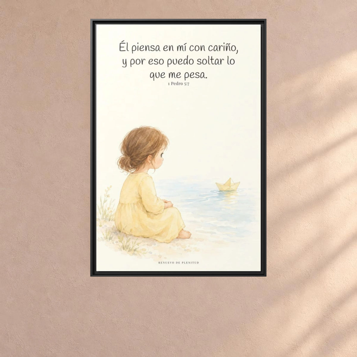 Echa Toda Tu Ansiedad Sobre Dios — Lienzo Cristiano Enmarcado | 1 Pedro 5:7 — 24×36 pulgadas, marco negro, vista frontal ambiental, escala física calibrada