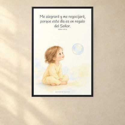 En este día me regocijaré en el Señor — Lienzo Cristiano Enmarcado | Salmo 118:24 — 24×36 pulgadas, marco negro, vista frontal ambiental, escala física calibrada