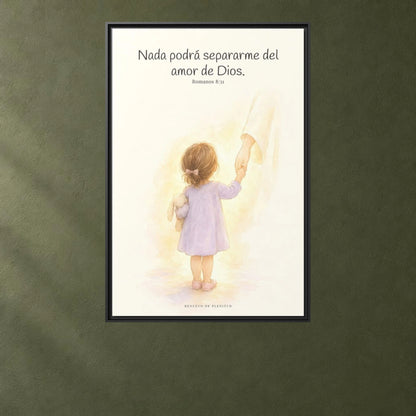 Nada podrá separarme del amor de Dios | Cuadro de inspiración bíblica | Romanos 8:31 — 24×36 pulgadas, marco negro, vista frontal ambiental, escala física calibrada