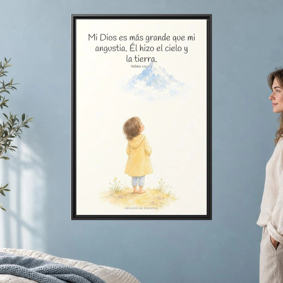 Mi Dios es más grande que mi angustia — Lienzo Cristiano Enmarcado | Salmo 121:1-2 — 24×36 pulgadas, marco negro, vista frontal ambiental, escala física calibrada