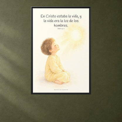 En Cristo está la vida que ilumina a todos | Cuadro de fe enmarcado | Juan 1:4-5 — 24×36 pulgadas, marco negro, vista frontal ambiental, escala física calibrada