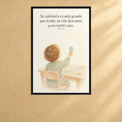 La sabiduría de Dios supera a la mía | Cuadro de fe enmarcado | Isaías 55:9 — 24×36 pulgadas, marco negro, vista frontal ambiental, escala física calibrada