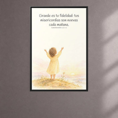 Grande es tu fidelidad, oh Dios — Lienzo Cristiano Enmarcado | Lamentaciones 3:22-23 — 24×36 pulgadas, marco negro, vista frontal ambiental, escala física calibrada