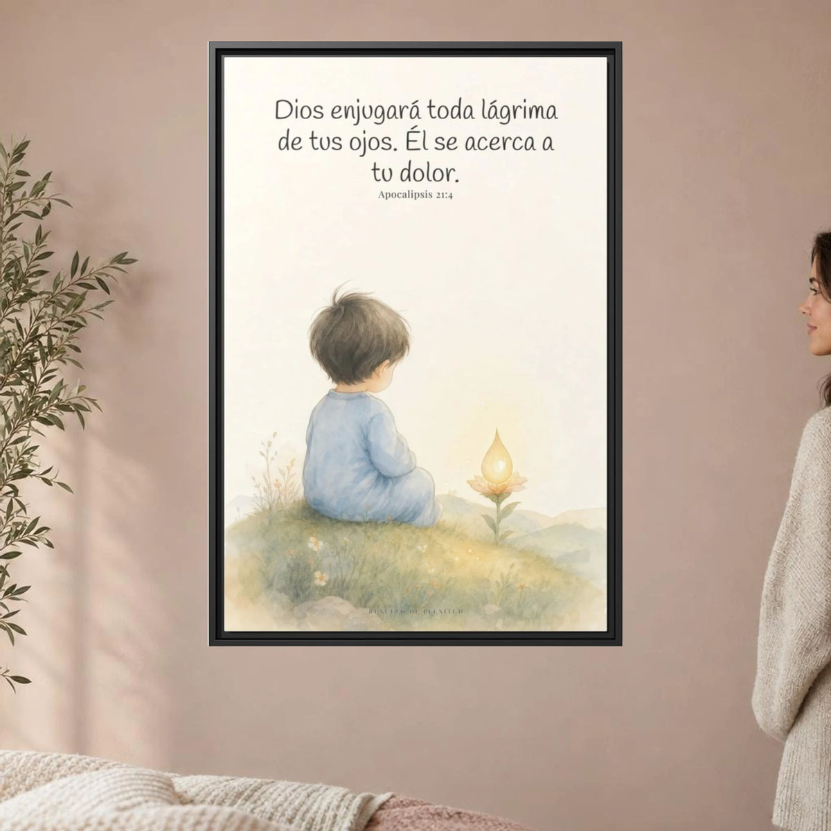 Dios enjugará toda lágrima — Lienzo Cristiano Enmarcado | Apocalipsis 21:4 — 24×36 pulgadas, marco negro, vista frontal ambiental, escala física calibrada