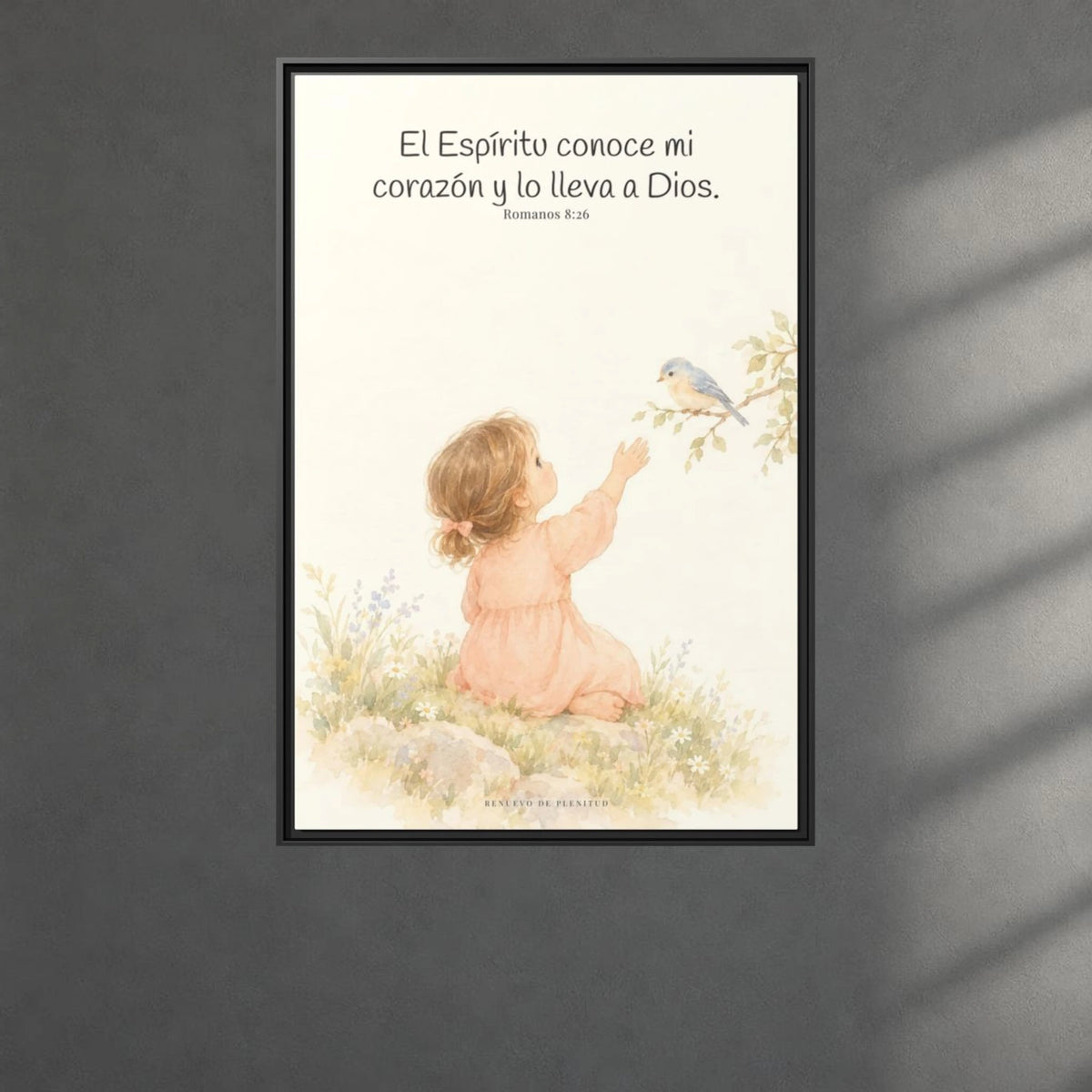 El Espíritu conoce lo que hay en mi corazón — Lienzo Cristiano Enmarcado | Romanos 8:26 — 24×36 pulgadas, marco negro, vista frontal ambiental, escala física calibrada