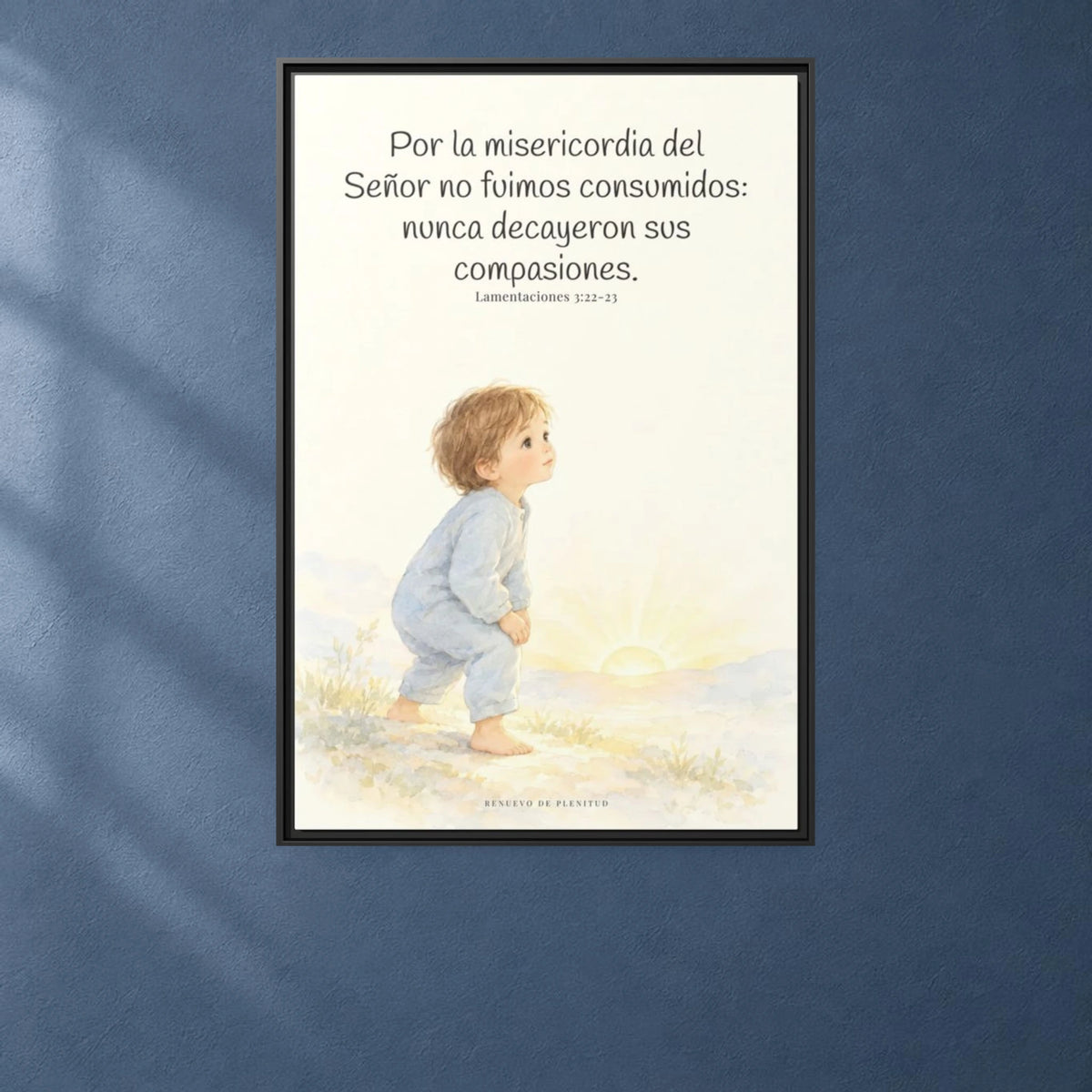 Por la misericordia de Jehová no fuimos consumidos — Lienzo Cristiano Enmarcado | Lamentaciones 3:22-23 — 24×36 pulgadas, marco negro, vista frontal ambiental, escala física calibrada