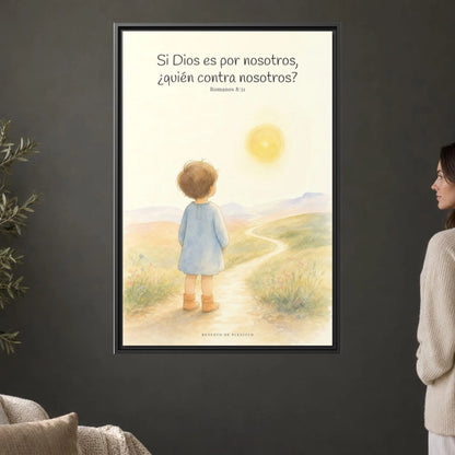 Si Dios es por nosotros, ¿quién contra nosotros? — Lienzo Cristiano Enmarcado | Romanos 8:31 — 24×36 pulgadas, marco negro, vista frontal ambiental, escala física calibrada