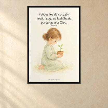 Felices los que pertenecen a Dios | Lienzo de fe para el hogar | Mateo 5:8 — 24×36 pulgadas, marco negro, vista frontal ambiental, escala física calibrada