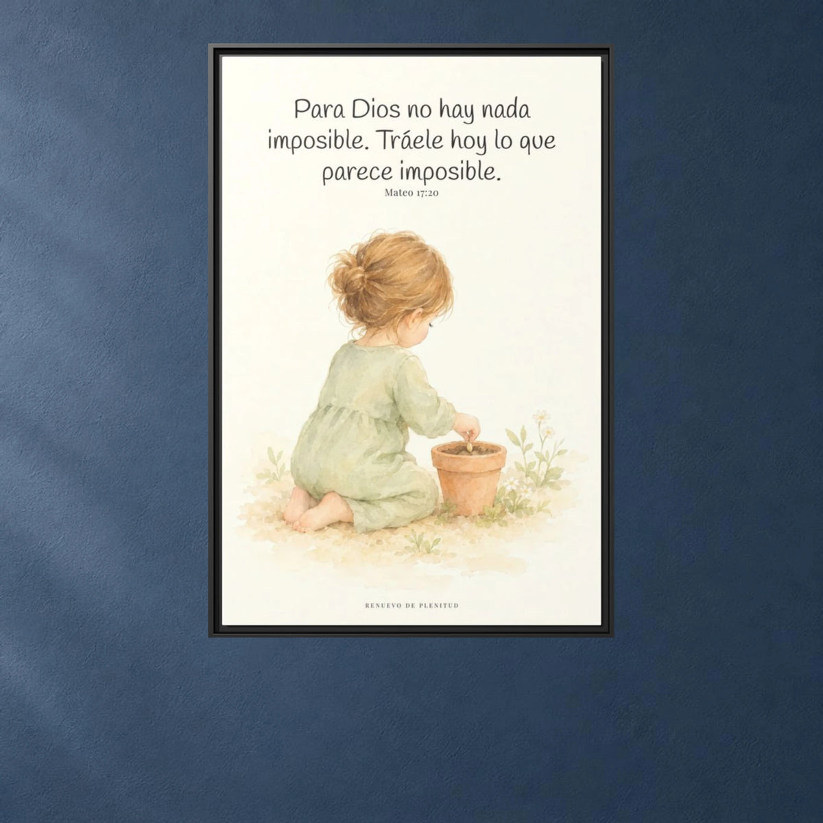 Nada hay imposible para Dios — Lienzo Cristiano Enmarcado | Mateo 17:20 — 24×36 pulgadas, marco negro, vista frontal ambiental, escala física calibrada