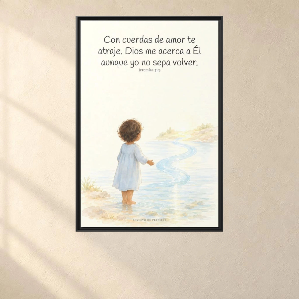 Con cuerdas de amor te atraje — Lienzo Cristiano Enmarcado | Jeremías 31:3 — 24×36 pulgadas, marco negro, vista frontal ambiental, escala física calibrada