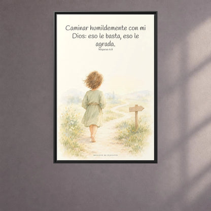 Caminar con Dios es suficiente — Lienzo Cristiano Enmarcado | Miqueas 6:8 — 24×36 pulgadas, marco negro, vista frontal ambiental, escala física calibrada