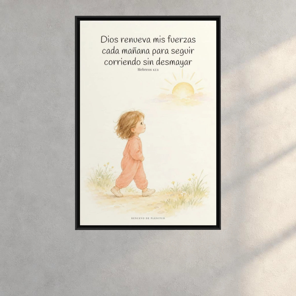 Dios me da nuevas fuerzas cada mañana | Decoración de fe para pared | Hebreos 12:1 — 24×36 pulgadas, marco negro, vista frontal ambiental, escala física calibrada