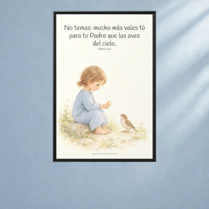 Mucho más valéis vosotros que las aves — Lienzo Cristiano Enmarcado | Mateo 6:26 — 24×36 pulgadas, marco negro, vista frontal ambiental, escala física calibrada